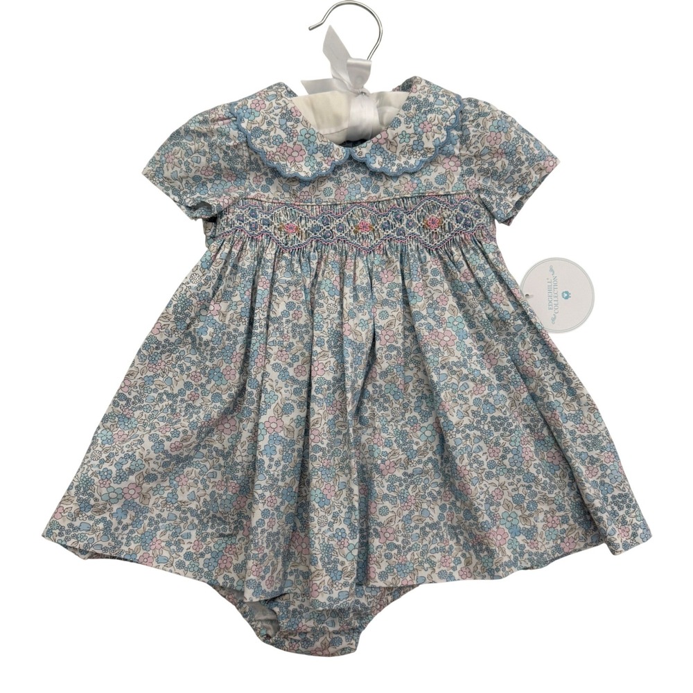 Edgehill Collection Baby Girls Blue Floral Smocked Dress & Bloomer Set 3M